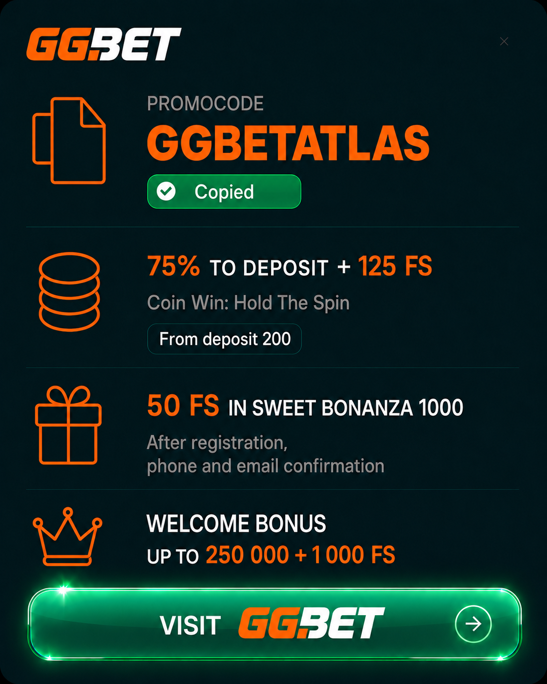 GGBET bonuses. Promo code GGBETATLAS copied.