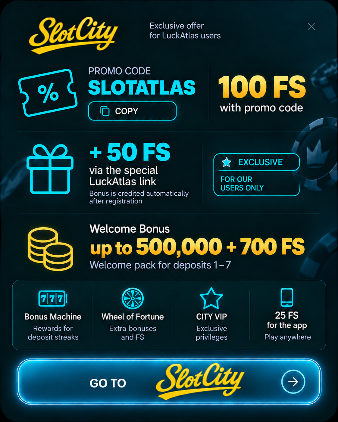 SlotCity bonuses. Promo code SLOTATLAS.
