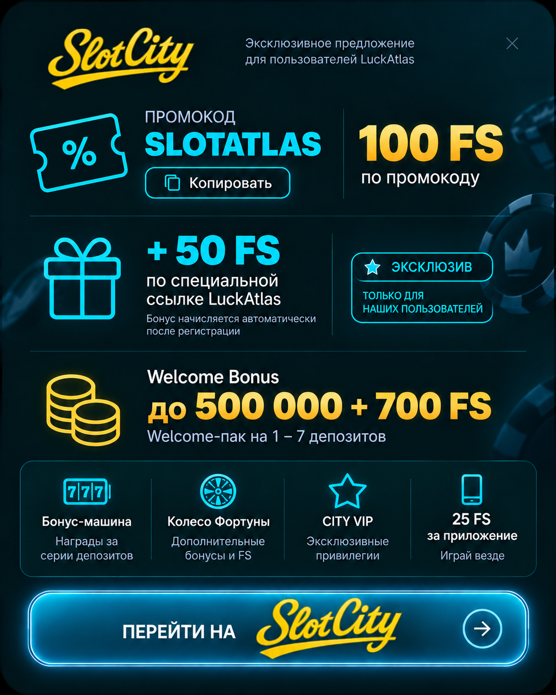 Бонусы SlotCity. Промокод SLOTATLAS.